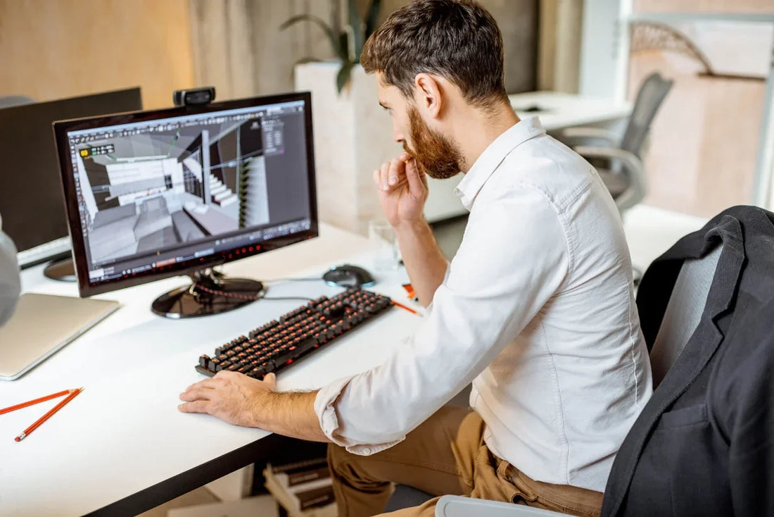Over-the-shoulder view of a male architect in a white shirt using 3D modeling software on a desktop computer in an office.
